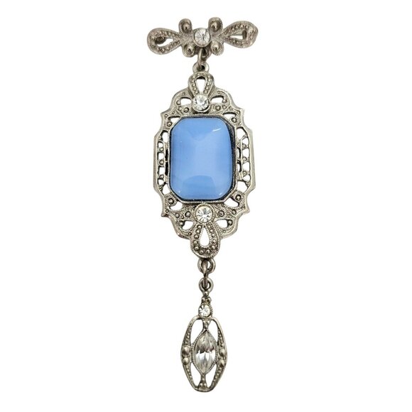 1928 Brand Silver Tone Blue Glass Art Deco Style Clear Rhinestone Dangle Brooch - Picture 1 of 8